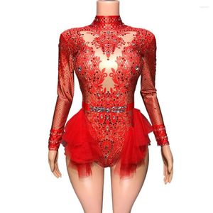 Abbigliamento da palco Body con strass scintillanti per le donne Costume da ballo latino con volant in rete sexy Body da discoteca Vestito da compleanno per feste