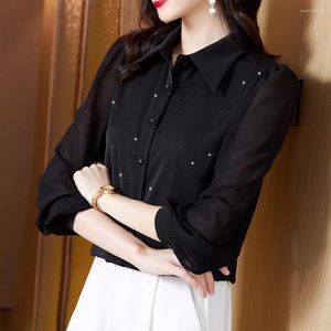 Kvinnors blusar Autumn Black Red Chiffon Shirts For Women Long Sleeve Basic Tops Femme Office Lady Rak 2023