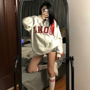 Deeptown Grey Letter Print Sweatshirt Women American Retro Kpop Polo Hoodies Y2k Harajuku Streetwear Oversize Long Sleeve Tops