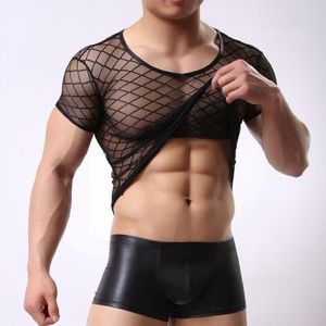 Homens camisetas T-shirt Homens Sexy Transparente Sheer Ver através de Malha Camisa de Manga Curta Tops Undershirt Fitness Slim Engraçado Tee Homme