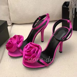 High-Quality Fashion Women's High Heels and Sandals Adorned with Rose Flowers in Silk Fabric