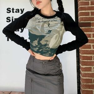 ディープタウンY2KビンテージグラフィッククロップTシャツ女性グランジストリートウェアパッチワーク長袖