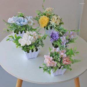 Dekorativa blommor mini konstgjorda växter grön bonsai potten falska blomma krukta ornament för kontor skrivbord hem badrum hantverk växt dekor