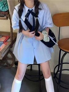 Deeptown Korean Style Sailor Collar Blue Shirt Women Preppy Kawaii Japanese Short Sleeve Oversize Blue Female Clothes Cardigan