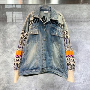 Jaquetas masculinas de alta qualidade na moda carta bordado costura cor contraste casaco mulheres denim jaqueta moda estilo hip hop rasgado jeans