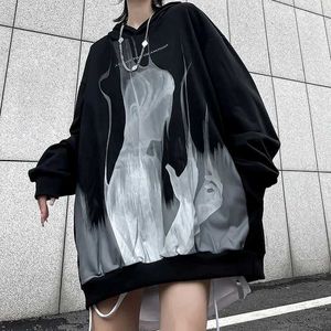 Deeptown Gothic Emo Printed Black Hoodies Women Harajuku Streetwear Punk Couple Female Pullover Couple Sweatshirt Goth Mall Top