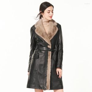 Damen Leder Designer Marke Echt 2024 Winter Lange Daunenjacke Mode Slim Fit Kragen Outwear Größe 3XL