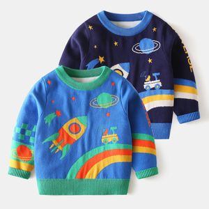 Pull hiver bébé garçon vêtements dessin animé pull tricoté motif espace à manches longues col rond épais bleu hauts pour enfants 2 7 ans 230906