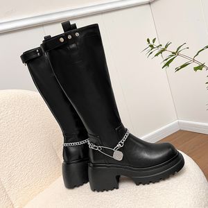 Boots Round Toe Thick Soled Chunky Heel High Luxury Genuine Leather Cowhide Metal Chain Motorcycle Stilettoes Women 230907