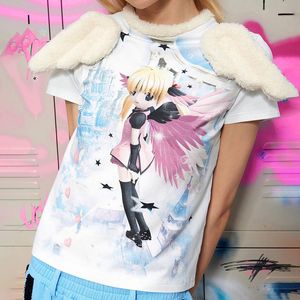 レディースTシャツY2KかわいいTシャツハラジュクゴシッククワイイ女性クロップトップ翼半袖韓国ストリートウェア