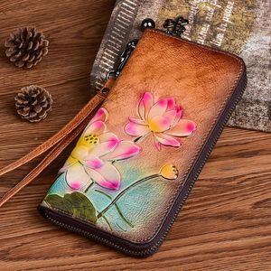 Brieftaschen Vintage Lange Für Frauen Echtes Leder Telefon Taschen Lotus Blumenmuster Prägung Handgemalte Brieftasche Frau Geldbörse