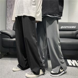 Мужские брюки в Корейском стиле с разрезом по бокам, мужские прямые брюки 2023, уличная одежда, однотонные черные повседневные длинные женские свободные брюки