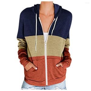 Kvinnors hoodies full zip up hoodie casual lös långärmad huvtröjor harajuku färgblock ficka fritid jackor moletom bluzy