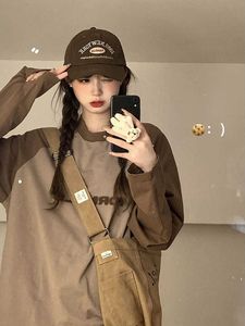 DeepTown Preppy Vintage Brown Brown Long Rleeve Tshirts Kobiety HARAJUUKU Koreańskie mody patchwork Ponagvised T Shirts Female Y2K Tops