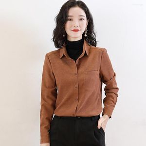 Blusas de mujer Otoño Invierno Blusa de manga larga Mujer Solapa de un solo pecho Oficina Dama Trabajo Camisas Vintage Outwear Camisa gruesa Tops