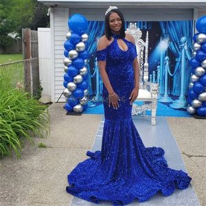 Sparkly Royal Blue PESKIN Evening Dress 2023 med ärmar Elegant Mermaid Black Girls Prom -klänningar Plus Size Formal Birthday Party Graduation Robes De Bal Aso Ebi 2023