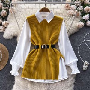 Light Socialite Suit Womens Vests Loose Long Sleeve White Shirt Top Slit Knitted Vest Jacket Two Piece Set 0.4kg