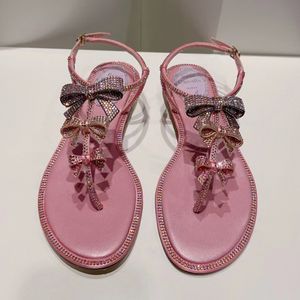 RENE CAOVILLA RHINESTONE BOWTIE FLIP FLOPS SLIPPERS LEATHER OUTSOLE SLIDE FLATS SANDAL FOR LUXURYデザイナースライドスリッパ工場靴35-43