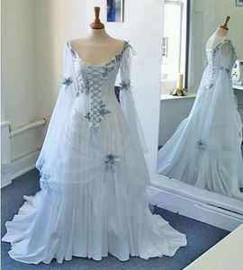 Pale Blue Vintage Celtic Wedding Dresses Colorful Medieval Bridal Gowns Corset Back Long Bell Sleeves Couture Custom Made Colored Clown