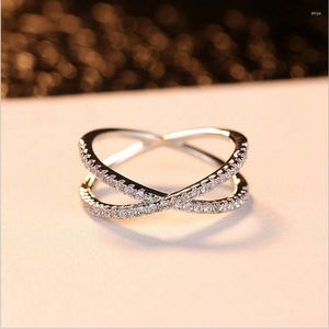 Cluster Rings Simple Fashion Jewelry Pure 925 Sterling Silver Pave White Clear 5A CZ Women Wedding Cross Band Ring Gift