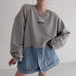 Women's Hoodies Clothland Women Stylish Denim Patchwork Sweatshirt O Neck Long Sleeve Spliced Pullover Fashion Loose Tops Mujer HA381