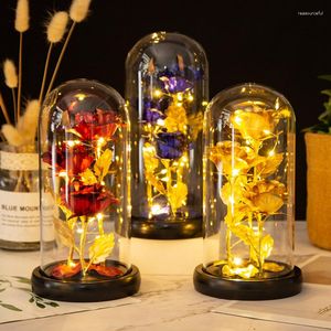 装飾的な花人工ローズガラスのカバーの金色の箔の花バレンタインデークリスマスガールフレンドのためのLEDライトギフト