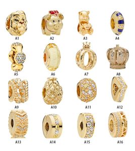 NEW 925 Sterling Silver Fit Charms Bracelets Gold Crown Bear Lion Pig Pineapple Whishbone Charms for European Women Wedding Original Fashion Jewelry9323475