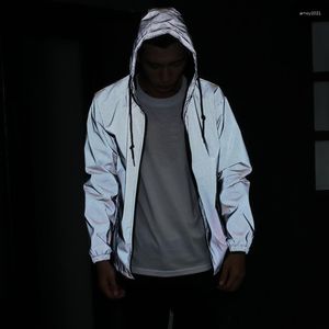 Herrjackor hiphop reflekterande jacka män/kvinnor varumärke huva mens hoodie rockar avslappnad natt fluorescen vindbrytare veste homme