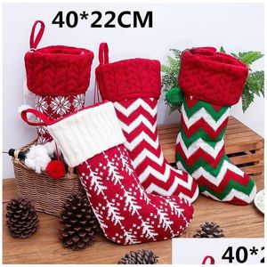 Dekoracje świąteczne dzianinowe pończochy Xmas Tree Ornament Czerwony i biały Święty Mikołaj Candy Prezent Socks Party Wiselant Hurtowa upuszczenie Dhmgd