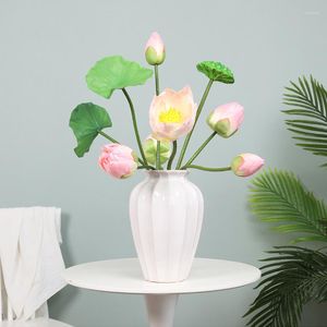 Flores decorativas diy verde real ensinar folhas de lótus rosa botões de frutas meio florescendo artificial sala de estar casa vasos decoração