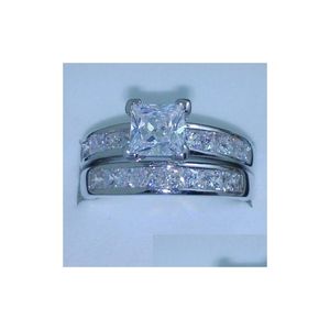 Anéis de banda de luxo tamanho 5/6/7/8/9/10 jóias 10Kt ouro branco preenchido topázio princesa corte simated diamante anel de casamento conjunto presente com b