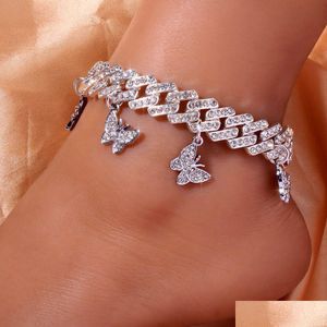 Anklets Hiphop Punk Womens Ankle Wholesale Block Thick Cuban Chain Butterfly Jewelry Ice Out Bracelet 230512 Drop Delivery Dh21P