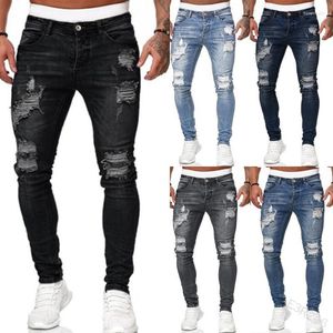 بنطلون جينز للرجال الأوروبي والأمريكي مع ثقوب ممزقة أسود طماق رفيعة متوفرة بألوان متعددة ممزق الرجال