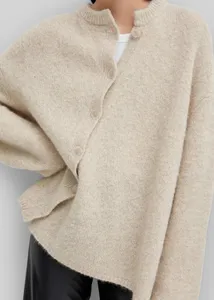 Asymetryczny kaszmirowy sweter Mohair Tote/Me Women's Loose Fit Diagonal Cardigan Beige Lazy Style Kurtka