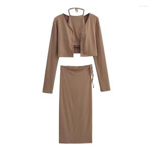 Two Piece Dress Women's Skirts Set Sexy Hanging Neck Camisole Long Sleeve Cardigan Coat And Side Tie Mid-Length Skirt Suit Ladies Party