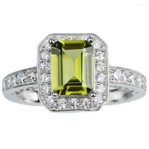 Cluster Rings Natural Green Peridot Ring Women Silver 925 Band Wedding Design 6x8mm Emerald Cut Gemstone Jewelry August Birthstone R005GPN