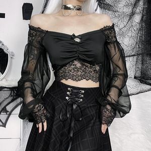 Kadın bluzları goth retro moda siyah kadınlar bluz uzun kollu kare kare ince kazak dantel patchwork gotik tarzı bayan sonbahar için