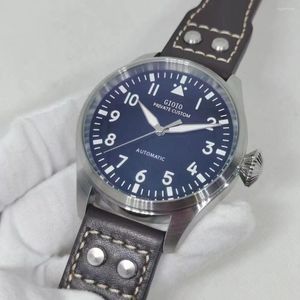 Relógios de pulso Luxo Mens Relógio Mecânico Automático Azul Marrom Preto Couro Grande Pilotos Borracha Aço Inoxidável Luminoso 43mm