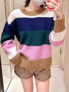 Kadın Sweaters Süper Şık Sıradan Gevşek Örgü Sweater Yuvarlak Boyun Külot Karıştlı Renk Mizaç Mizaç Kadınlar