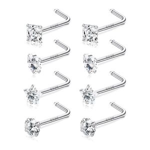 Dental Grills 8st 20g 925 Sterling Silver Noses Rings Studs For Women M Assorted Shapes CZ Zircon Piercing Smycken Set Wholesale 230906