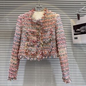 Kvinnorjackor PREPOMP 2023 Autumn Collection Long Sleeve Pink Colorful Fabric Tassels Tweed Short Jacket Women GL537