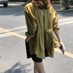 Women's Blouses Korean Chic Blue Thin Shirts Simple Turn Down Collar Long Sleeve Tops Temperament Women 2023 Autumn Back Slipt Blouse