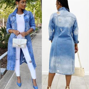 C1034 Autumn Kpop Hiphop Women Sexig rippade denimjackor Vintage Casual Long Jean Jacket Winter Female Long Sleeve Coat Streetwear2509