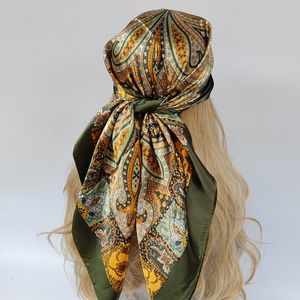 Scarves 90*90cm fashion Silk Scarf Scarftop Headwraps Women Vintage Four Seasons Hair Scarve Hijab Foulard Bandana Femme Headscarf 230907