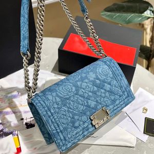 Mulheres Bolsa De Ombro Clássico Azul Camélia Denim Bag Clamshell Silver Hardware Metal C-Button Luxo Tote Cross Body Bag Designer Shopping Sacoche Maquiagem Sacos 25cm