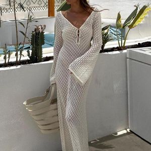 Casual Dresses Women Dress Sexy V-neck Long Sleeved Knit See-through Hollowed Out Waist Tight Lady Slim Fit Backless
