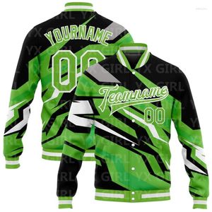 Herrjackor anpassade neongrön svartgrå 3D-mönsterdesign Bombare full-snap varsity Letterman jacka basebollknapp