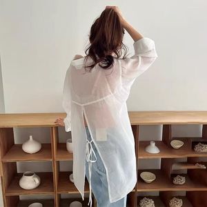 Women's Blouses POLO Collars Shoulder Drop Long Sleeve Korean Chic Style Summer Split Back Shirts Coat Casual Versatile Slight Sunscreen