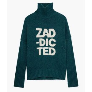 Kvinnors tröjor Zadig Voltaire Stickade tröjor ZV Ladies Knitwear English Letter High Neck Loose 100 Wool Stand Collar Knitwear Sweater Girl Girl