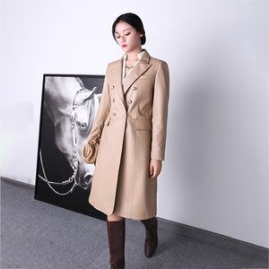 Kvinnors läderhöst och vinter 2023 Lapel Sheepskin Medium Långt dubbelt breasted Skinny Casual Trench Coat Jacket